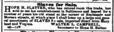 1849 advertisement from the Campbell Brothers that they have bought the business of Hope Hull Slatter on the Esplanade in New Orleans.